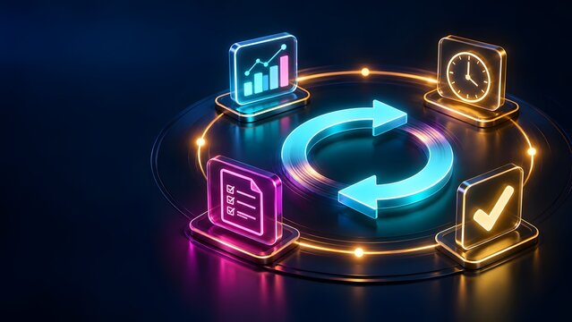 Digital workflow automation process with cycle arrows charts checklist and clock icons on dark background