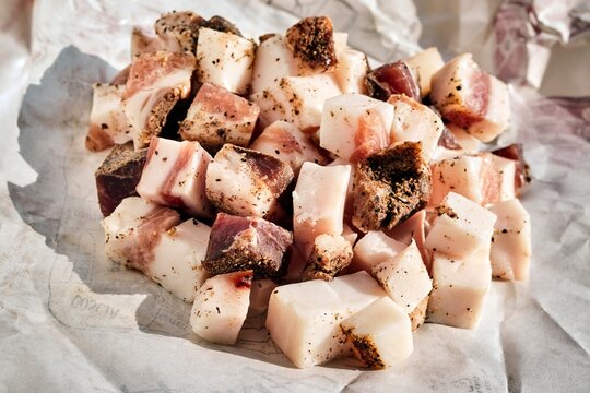 Cubes of guanciale; the Italian  cured pork cheek.