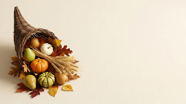 Traditional cornucopia overflowing with fresh autumn harvest including pumpkins, pears, wheat, and colorful fall leaves on a light neutral background