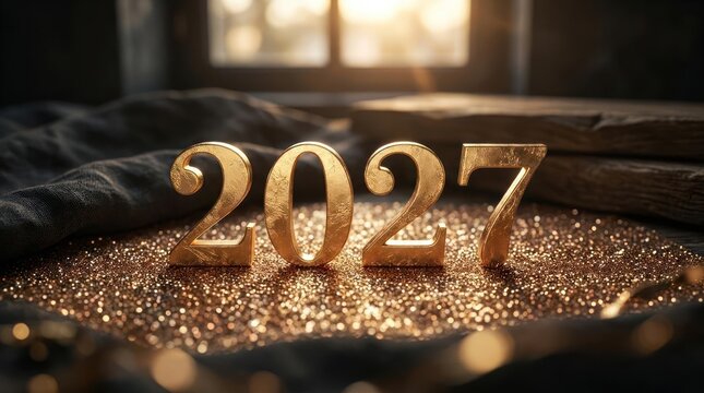 Golden 2027 numbers on sparkling glitter for New Year.