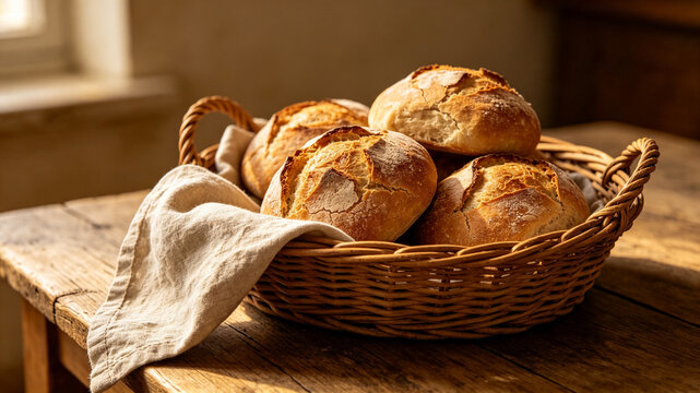 Crusty Artisan Bread Loaves in Woven Basket