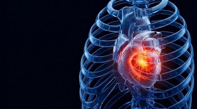 Transparent ribcage highlighting glowing heart attack inflammation and coronary arteries