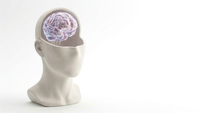 Open head mannequin bust displaying glowing crystal human brain inside intellect concept