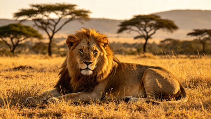 Majestic Male Lion Resting on Golden Savanna © Farhan