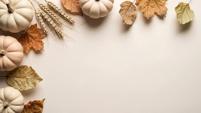 Autumn flat lay with white pumpkins and dry leaves on beige background