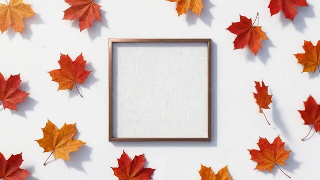 Autumn maple leaves falling around empty square frame mockup on white background