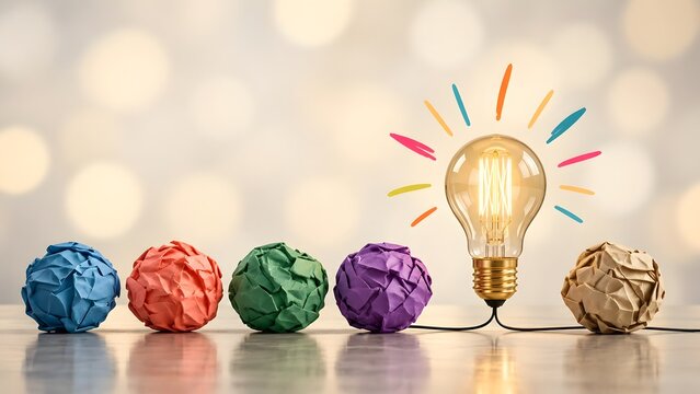 Bright idea concept glowing light bulb with colorful rays and crumpled paper balls symbolizing creativity and innovation