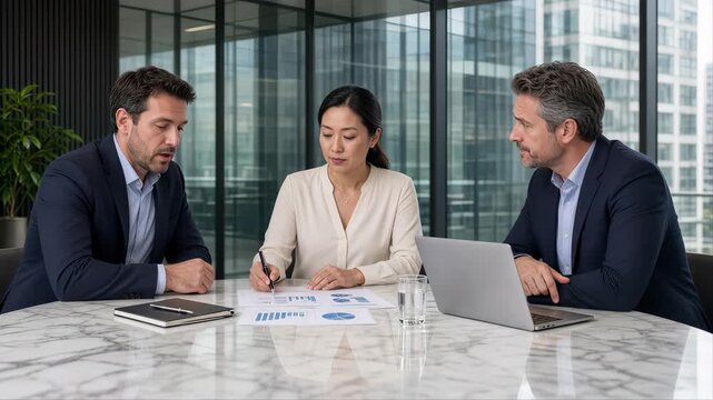 Business Team Working Together in Office Meeting, Professional Business People Collaborating Around Laptop, Corporate Teamwork, Communication and Workplace Success