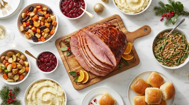 Abundant holiday feast with roasted ham and seasonal sides.