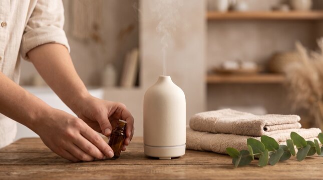 Person Preparing Aromatherapy Essential Oil Diffuser for Relaxing Home Spa Atmosphere