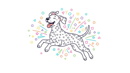 Obraz premium Dalmatian dog mid-leap with dynamic geometric confetti burst in clean white space