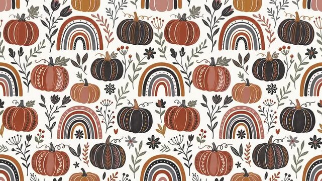 Seamless pattern featuring autumn pumpkins and muted rainbows on light background