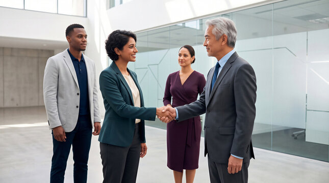 Diverse corporate professionals shaking hands in a modern office, symbolizing teamwork, partnership, agreement, and success