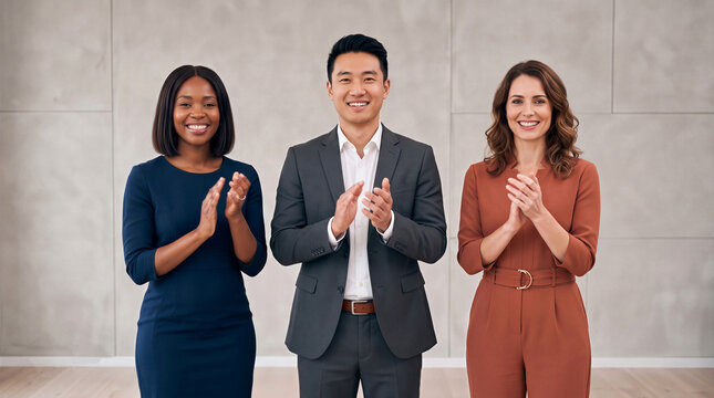 Business professionals clapping and smiling at camera. Corporate team applauding success, achievement, and appreciation