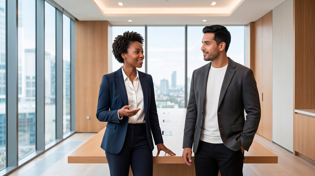 Two business professionals talking and smiling in a modern corporate office boardroom 