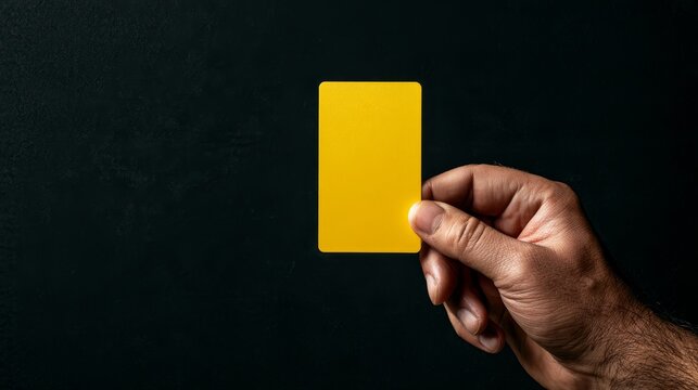 Male hand showing a yellow card against a clean background, representing warning, penalty, caution, violation, rejection, disciplinary action, judgment, rules and authority