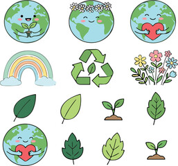 Obraz premium Cute Eco Friendly Planet Earth Vector Icon Set Featuring Kawaii Globe Characters Recycling Symbols Rainbows Leaves and Flowers for Earth Day Campaigns