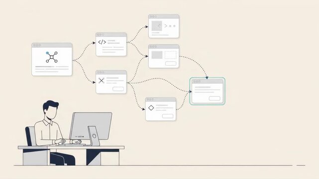 Man working at computer with software flowchart diagram and automated workflow animation