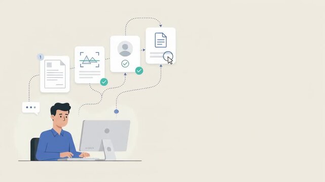 Man using computer with animated document approval workflow process graphic icons