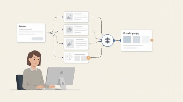 Animated vector illustration of person working on computer with AI system identifying knowledge gaps and data information processing
