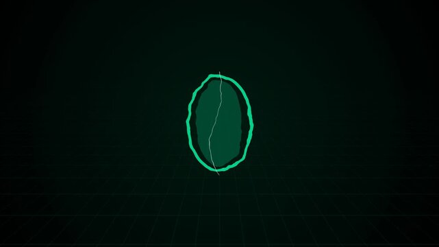 Glowing green digital oval shape on dark grid background