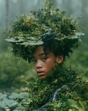 Surreal portrait of a young woman emerging from a lush wetland ecosystem filled with moss, fern, lily pads, frogs and dragonflies in a misty forest setting.