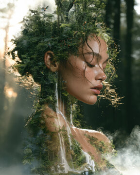 Surreal portrait of a woman fused with a lush rainforest, cascading waterfalls and tropical birds, creating an ethereal vision of nature and human connection.