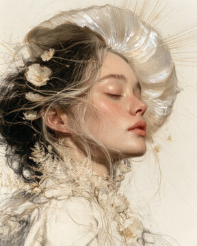 Ethereal profile portrait of a woman with closed eyes, surrounded by delicate flowers, flowing sketch lines and a luminous shell form in soft neutral tones.
