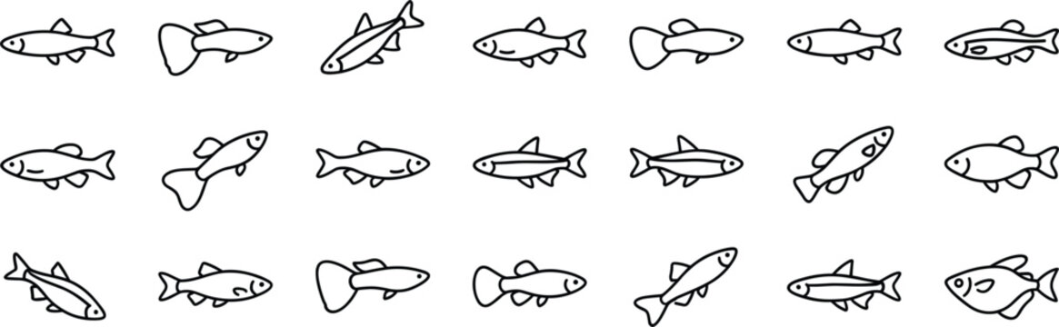 Minimalist Freshwater Aquarium Fish Line Icon Set Featuring Small Guppy Neon Tetra Molly and Platy Outlines for Pet Shop Branding Graphic Designs