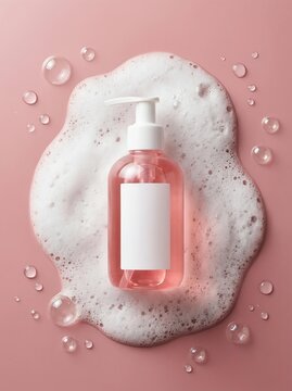 Pink Soap Dispenser with Foam on Pastel Background