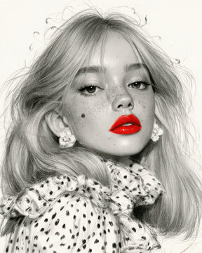 Monochrome sketch portrait of a freckled woman with vivid red lips, flowing hair and spotted fashion styling, combining vintage glamour with selective color.