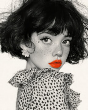 Stylized monochrome portrait of a freckled woman with tousled dark bob, vivid orange lips and spotted bow, combining retro glamour with selective color.