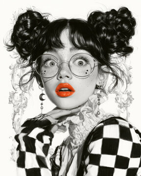 Whimsical monochrome portrait of a wide eyed woman with braided buns, round glasses, vivid orange lips and bold checkerboard fashion in an expressive sketch style.