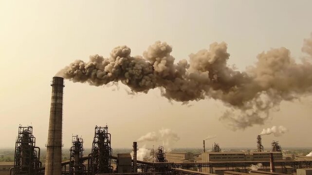 Industrial factory smokestacks emitting thick dark smoke into the atmosphere, symbolizing environmental pollution and climate change concerns