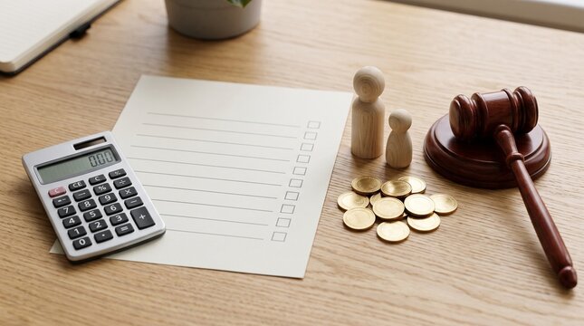 Gavel, calculator, coins, and wooden figurines on a table