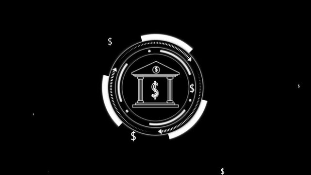 Digital banking concept animation with rotating circular interface and falling dollar currency symbols on black background for financial business presentation or investment graphic.