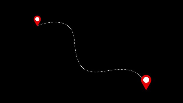 Animated white dashed line path connecting two red location pins on black background representing travel logistics delivery route map navigation concept motion graphic video.