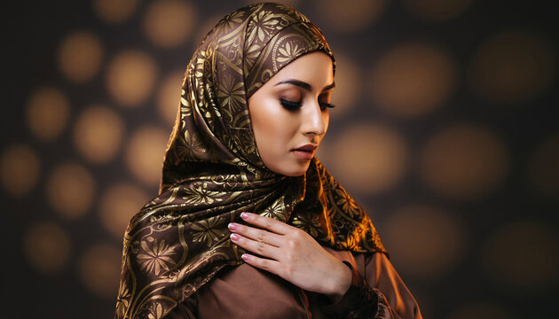 Elegant Muslim woman wearing a patterned brown hijab showcasing traditional modesty with soft dramatic studio lighting