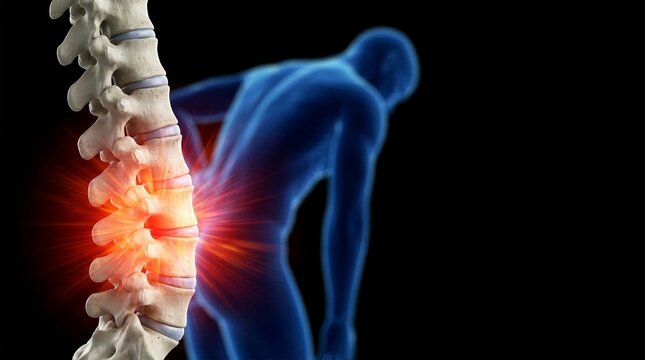 Human spine model with glowing lower back lumbar disc hernia and chronic pain