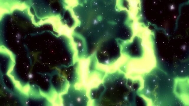 Cinematic Deep Space Journey: Sebuah perjalanan sinematik melalui nebula hijau yang bercahaya, melintasi ribuan bintang dan planet yang jauh.