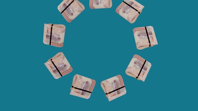 Realistic 3D loop of Bahrain 5 BHD banknote bundle wheel spinning, green screen chroma key setup. Best for banking commercials.