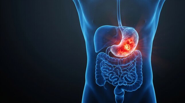 Transparent male abdomen displaying inflamed stomach ulcer and gastric burning pain