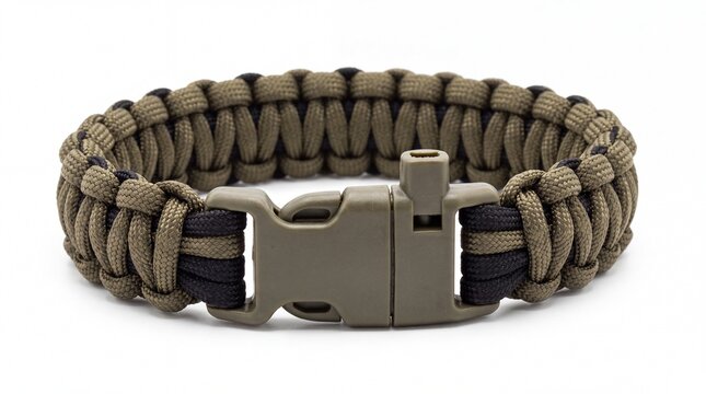 Paracord bracelet with plastic buckle and whistle accessory isolated on white background