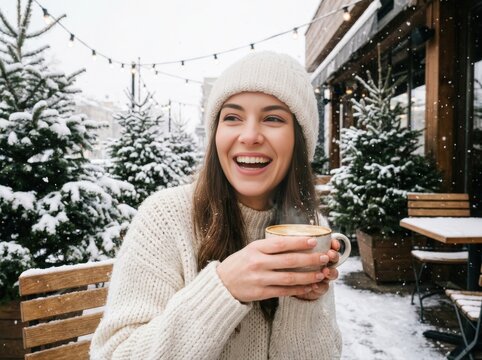 A cheerful woman enjoys a warm cup of coffee outdoors during a gentle snowfall, surrounded by festive Christmas trees and twinkling lights, radiating winter bliss and cozy enjoyment.
