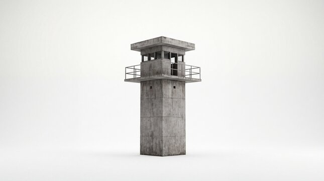 Concrete watchtower military observation post structure with concrete walls on white background