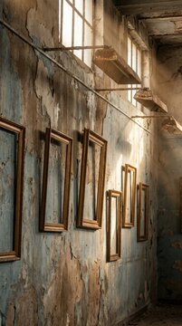 A row of empty, gilded picture frames hangs on a weathered, textured wall in what appears to be an abandoned art gallery or studio, with sunlight streaming through dusty window panes.