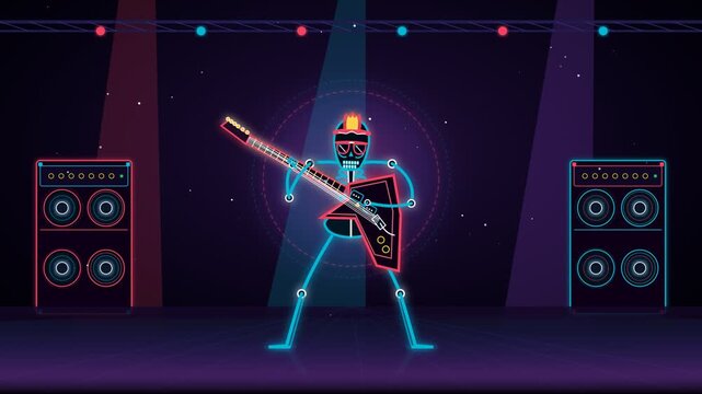 Neon skeleton rocker playing electric guitar on stage with dynamic flashing lights and speakers video footage