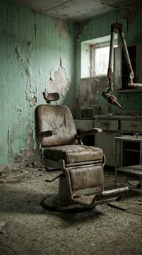 An abandoned dental chair sits in a dilapidated room, with peeling paint on the walls and broken medical equipment, evoking a sense of decay and neglect.
