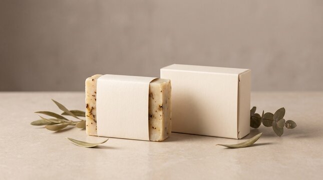 Handmade Organic Soap Bar with Paper Sleeve and Blank Paper Box Mockup