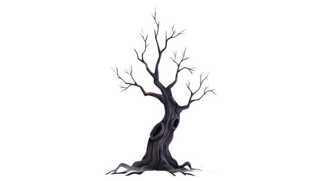 Gnarled dead tree with twisted branches against a clean backdrop symbolizing decay and winter isolated on transparent background